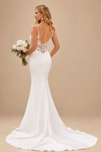 Rutipo Ivory Trumpet/Mermaid V Neck Elastic Satin Court Train Wedding Dress with Appliques Lace
