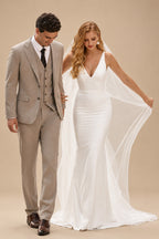 Rutipo Ivory Trumpet/Mermaid V Neck Elastic Satin Court Train Wedding Dress with Appliques Lace