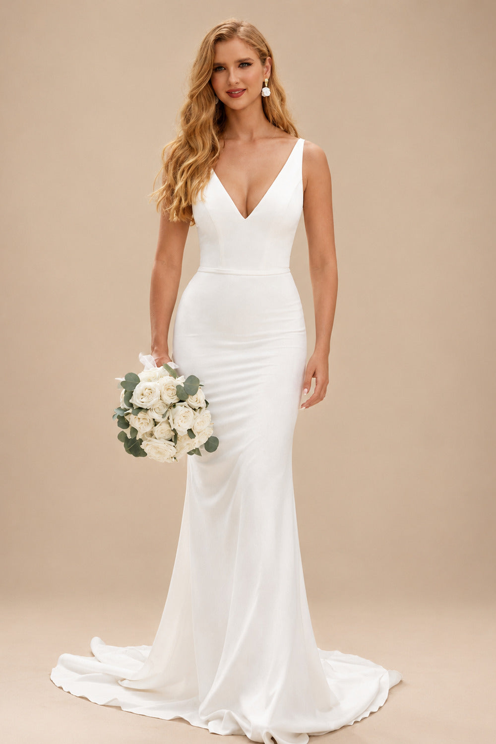 Rutipo Ivory Trumpet/Mermaid V Neck Elastic Satin Court Train Wedding Dress with Appliques Lace
