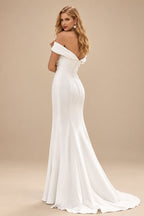 Rutipo Ivory Elegant Off-the-Shoulder Stretch Crepe Court Train Fitted Wedding Dress with Pleated Slit