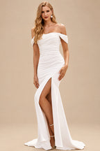 Rutipo Ivory Elegant Off-the-Shoulder Stretch Crepe Court Train Fitted Wedding Dress with Pleated Slit