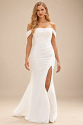 Rutipo Ivory Elegant Off-the-Shoulder Stretch Crepe Court Train Fitted Wedding Dress with Pleated Slit
