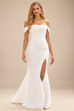 Rutipo Ivory Elegant Off-the-Shoulder Stretch Crepe Court Train Fitted Wedding Dress with Pleated Slit