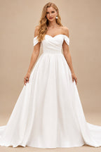 Rutipo Ivory Chic Off-the-Shoulder Luxurious Satin Court Train Wedding Dress with Pleats