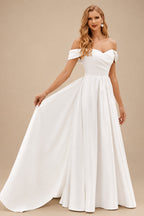 Rutipo Ivory Chic Off-the-Shoulder Luxurious Satin Court Train Wedding Dress with Pleats