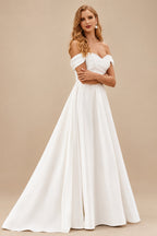 Rutipo Ivory Chic Off-the-Shoulder Luxurious Satin Court Train Wedding Dress with Pleats