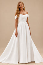 Rutipo Ivory Chic Off-the-Shoulder Luxurious Satin Court Train Wedding Dress with Pleats