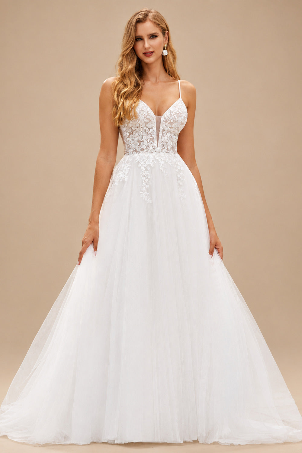 Rutipo Ivory Classic A-line Plunging V Neck Sweep Train Organza Wedding Dress with Floral Lace
