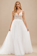 Rutipo Ivory Classic A-line Plunging V Neck Sweep Train Organza Wedding Dress with Floral Lace