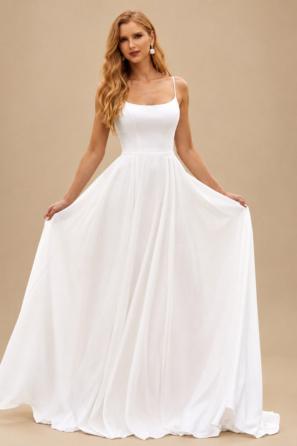 Rutipo Ivory A-line Square Neckline Satin Sweep Train Wedding Dress with Pockets