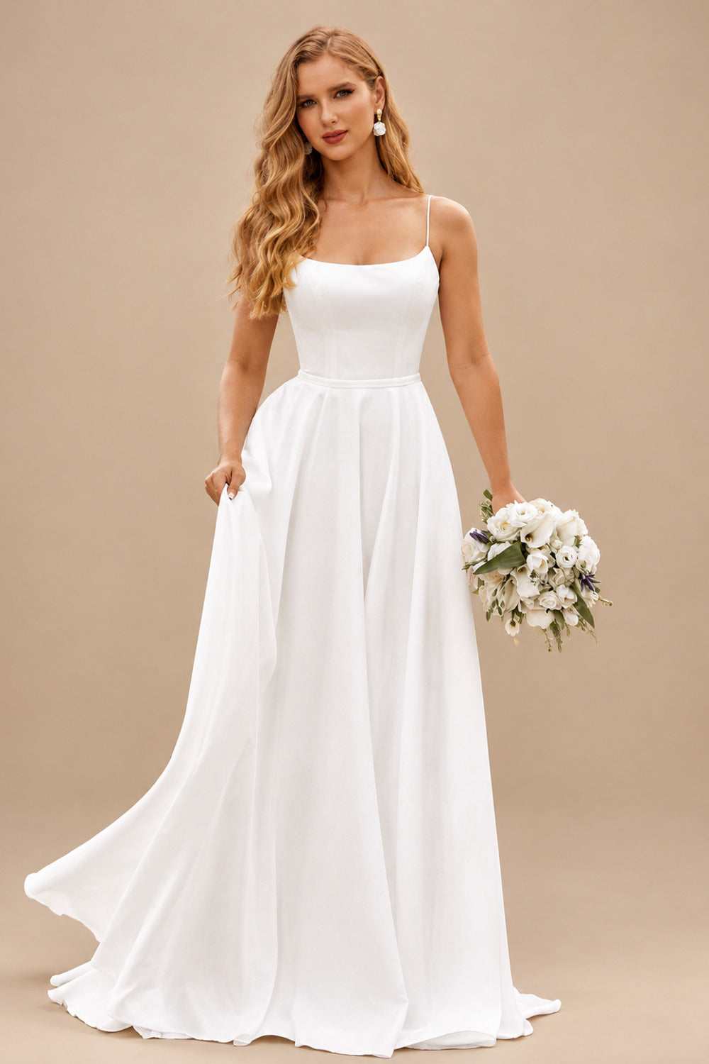 Rutipo Ivory A-line Square Neckline Satin Sweep Train Wedding Dress with Pockets