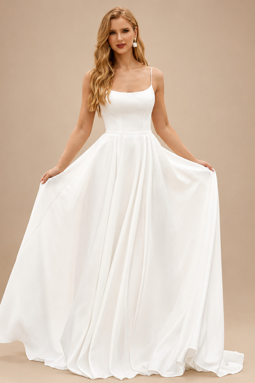 Rutipo Ivory A-line Square Neckline Satin Sweep Train Wedding Dress with Pockets