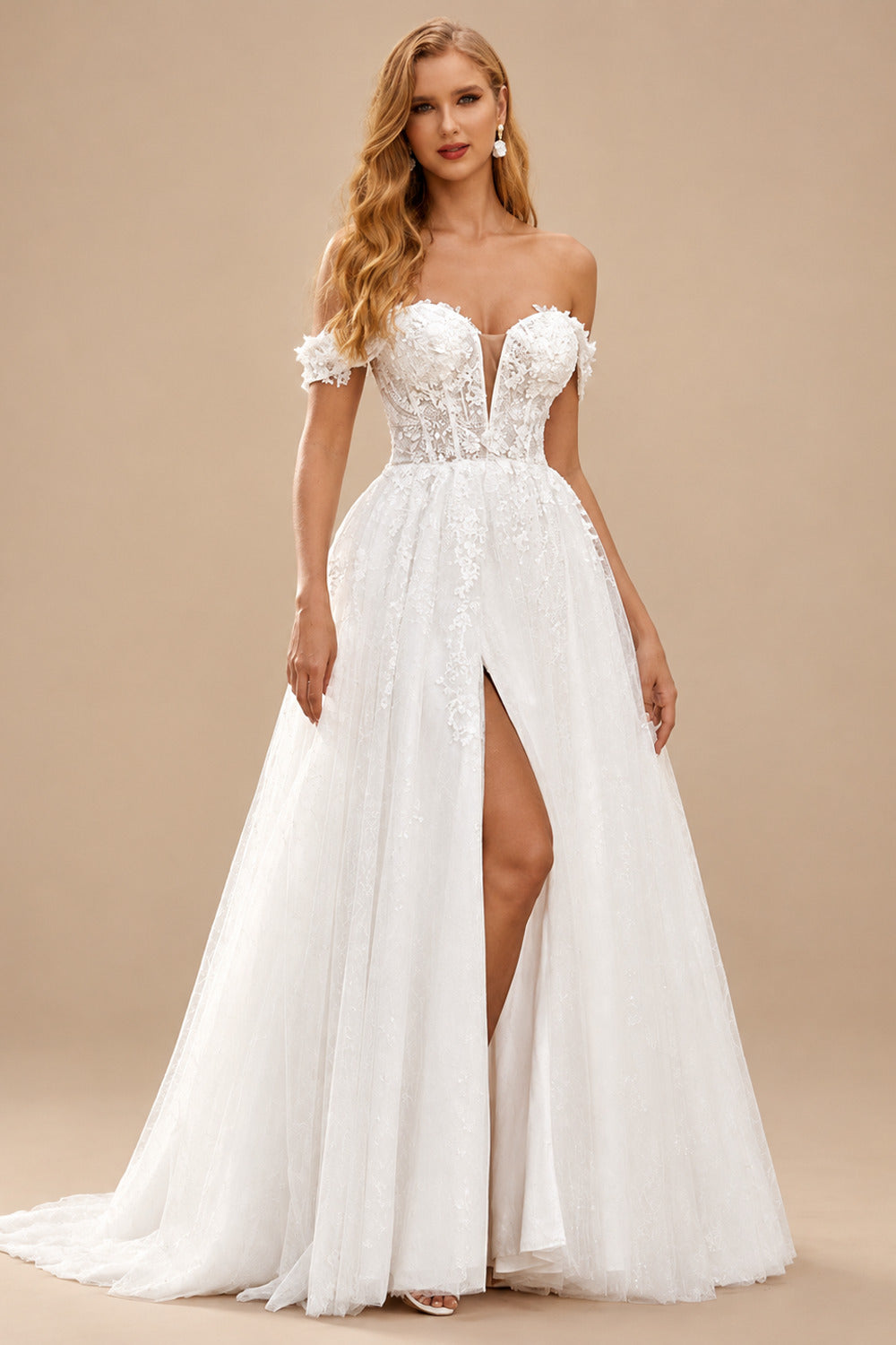 Rutipo Ivory Sparkly A-line Off-Shoulder Floral Embroidered Lace Sweep Train Wedding Dress with High Slit