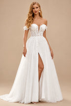Rutipo Ivory Sparkly A-line Off-Shoulder Floral Embroidered Lace Sweep Train Wedding Dress with High Slit