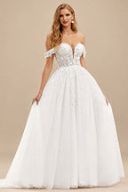 Rutipo Ivory Sparkly A-line Off-Shoulder Floral Embroidered Lace Sweep Train Wedding Dress with High Slit
