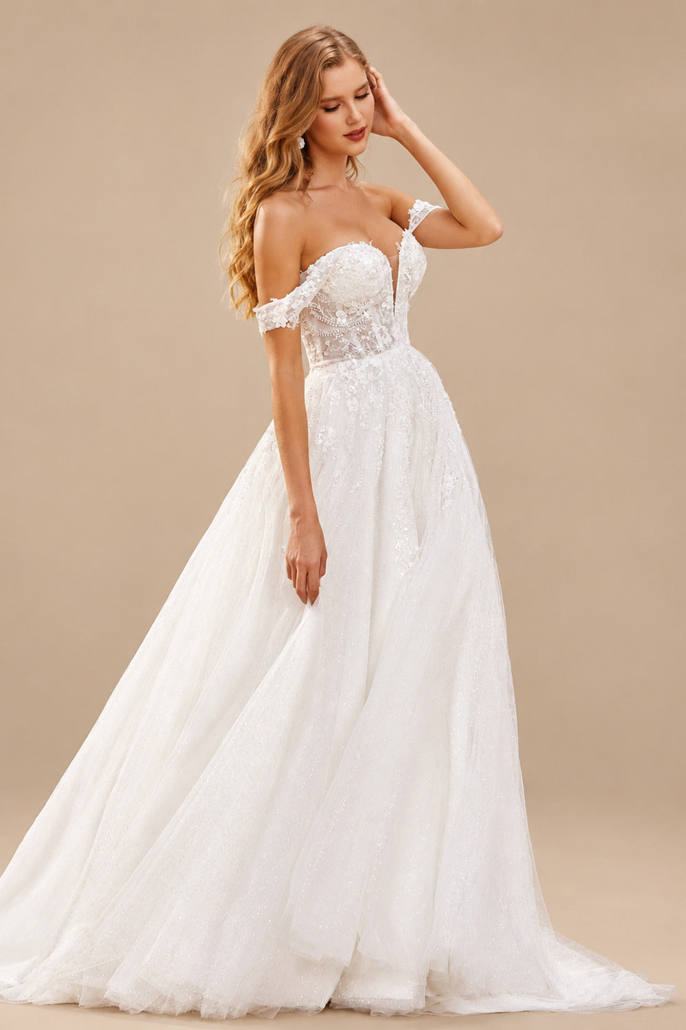 Rutipo Ivory Sparkly A-line Off-Shoulder Floral Embroidered Lace Sweep Train Wedding Dress with High Slit