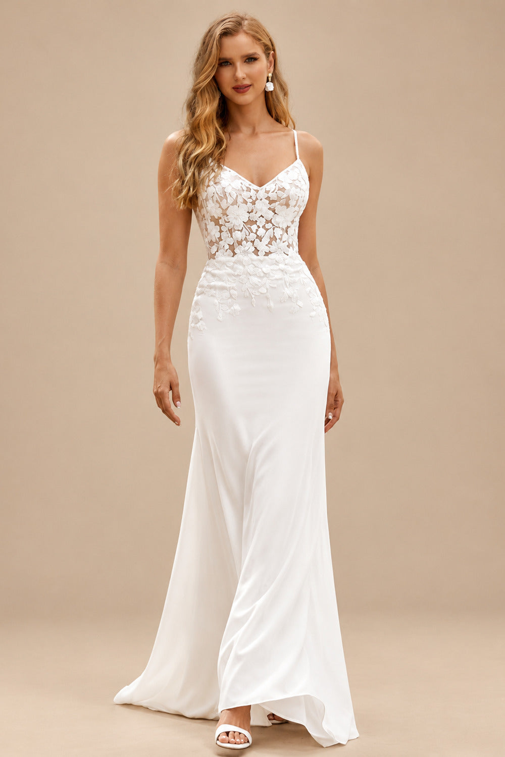 Rutipo Ivory Stunning Sheath V Neck Fitted Crepe Wedding Dress with Floral Lace Appliques
