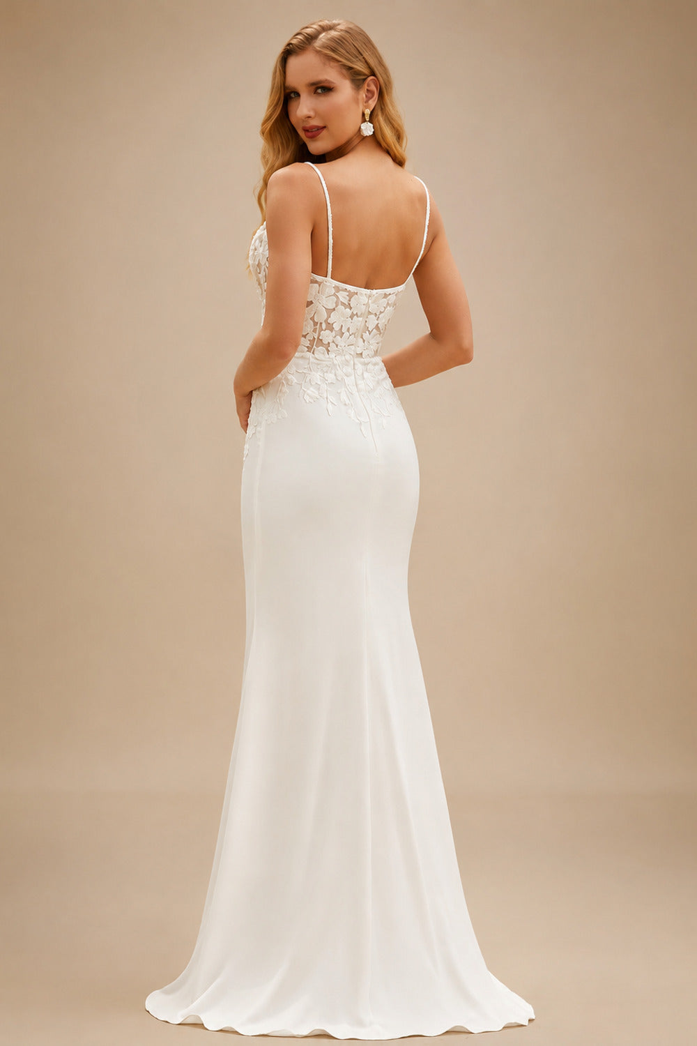 Rutipo Ivory Stunning Sheath V Neck Fitted Crepe Wedding Dress with Floral Lace Appliques