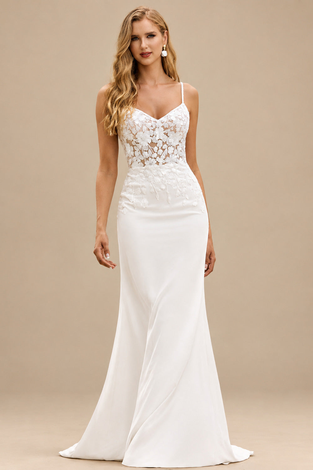 Rutipo Ivory Stunning Sheath V Neck Fitted Crepe Wedding Dress with Floral Lace Appliques