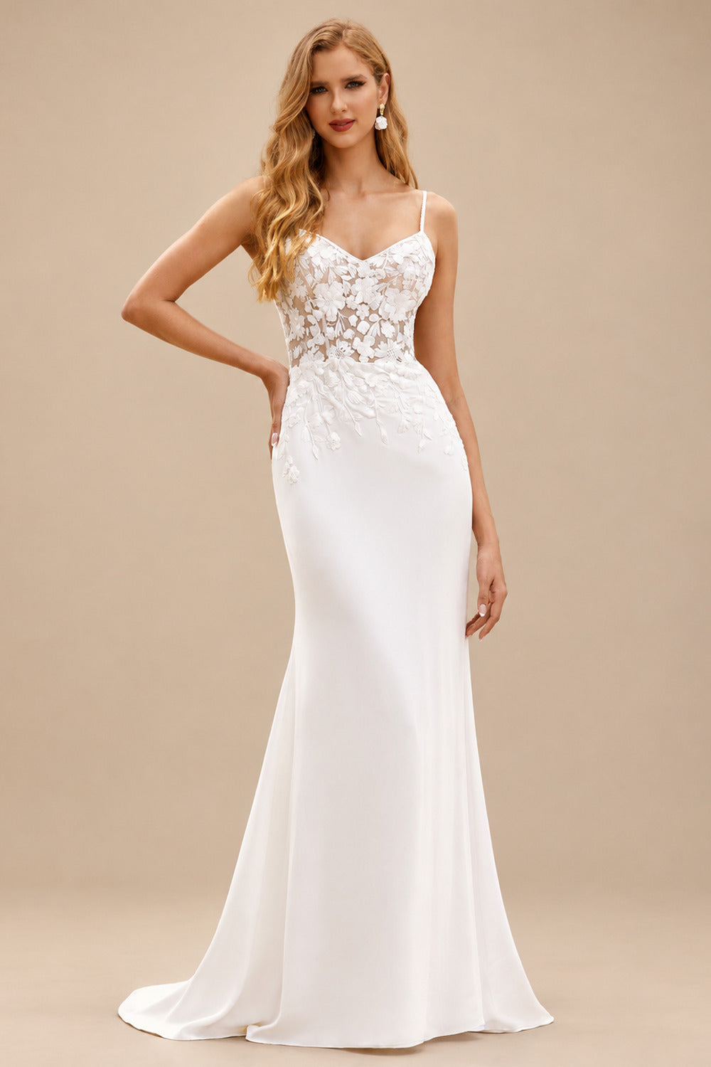 Rutipo Ivory Stunning Sheath V Neck Fitted Crepe Wedding Dress with Floral Lace Appliques
