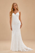 Rutipo Ivory Boho Mermaid V Neck Backless Lace Beach Sweep Train Wedding Dress with Pleats