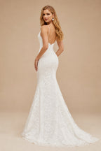 Rutipo Ivory Boho Mermaid V Neck Backless Lace Beach Sweep Train Wedding Dress with Pleats
