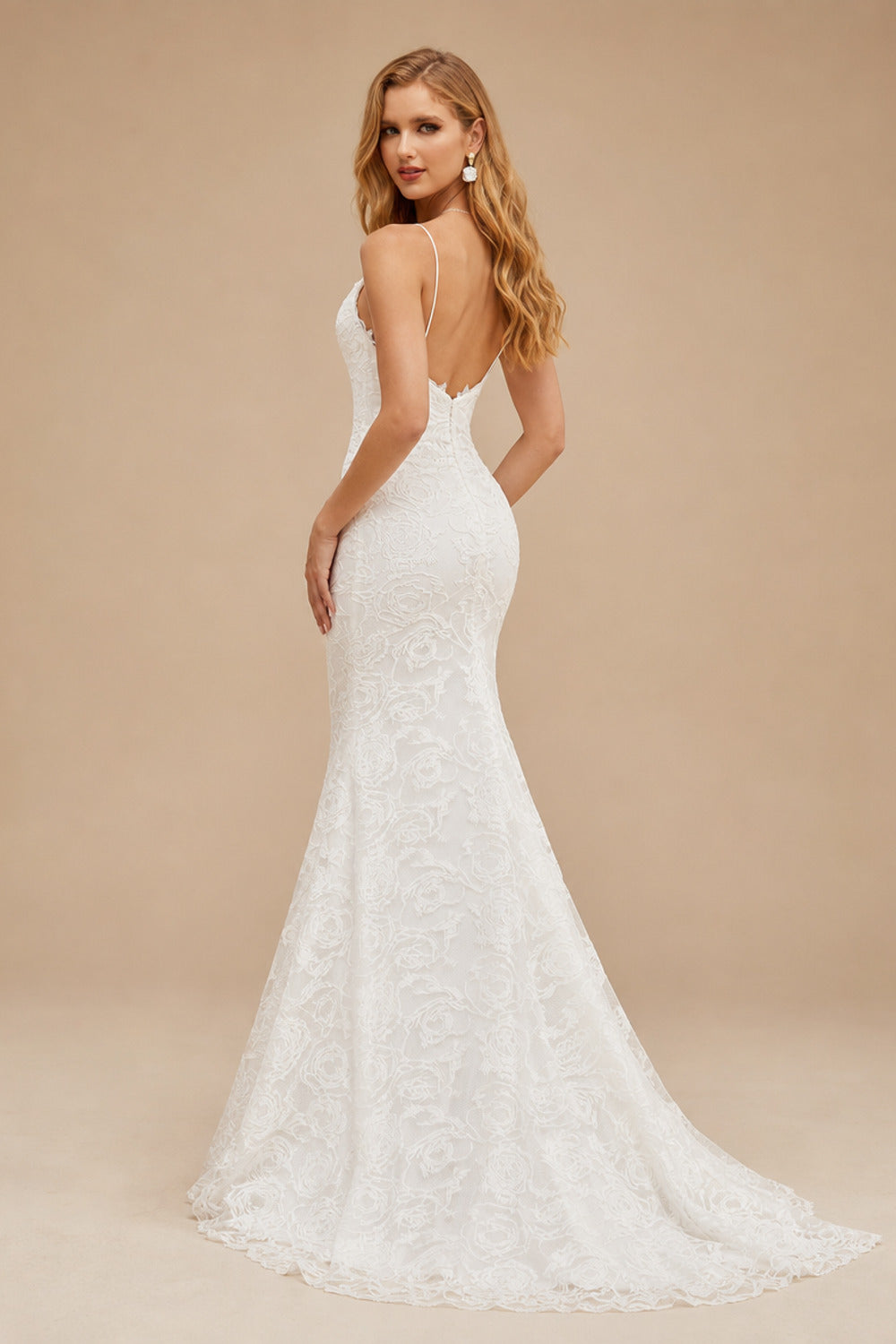 Rutipo Ivory Boho Mermaid V Neck Backless Lace Beach Sweep Train Wedding Dress with Pleats