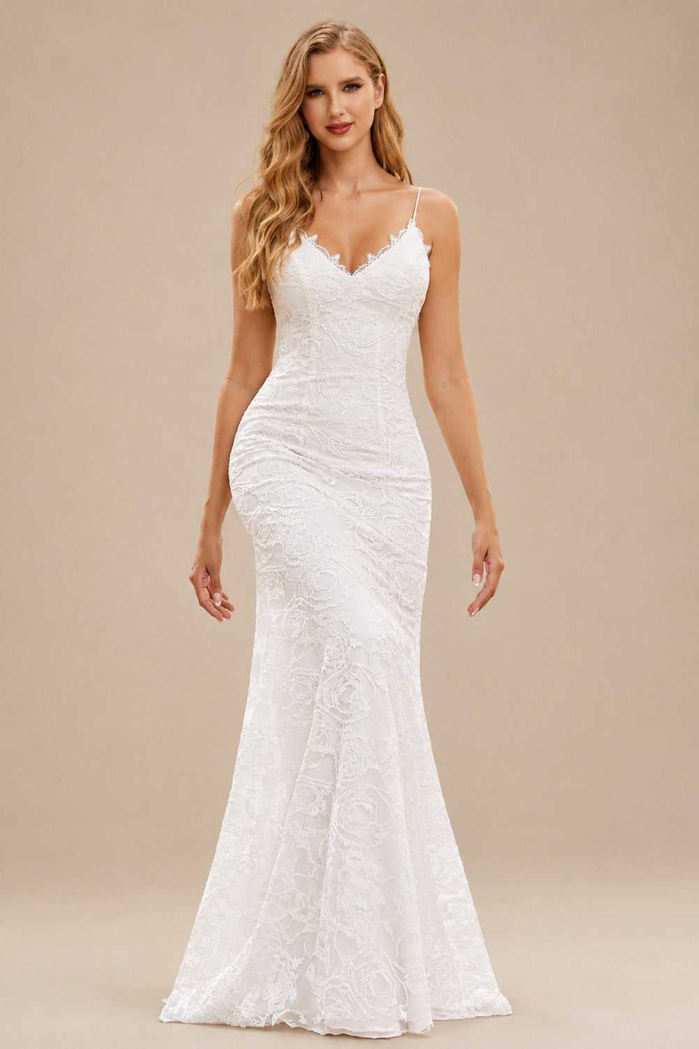 Rutipo Ivory Boho Mermaid V Neck Backless Lace Beach Sweep Train Wedding Dress with Pleats