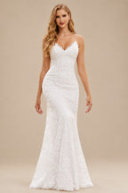 Rutipo Ivory Boho Mermaid V Neck Backless Lace Beach Sweep Train Wedding Dress with Pleats