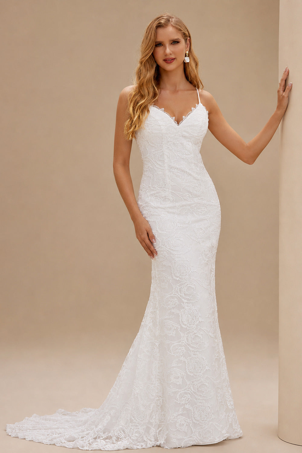 Rutipo Ivory Boho Mermaid V Neck Backless Lace Beach Sweep Train Wedding Dress with Pleats