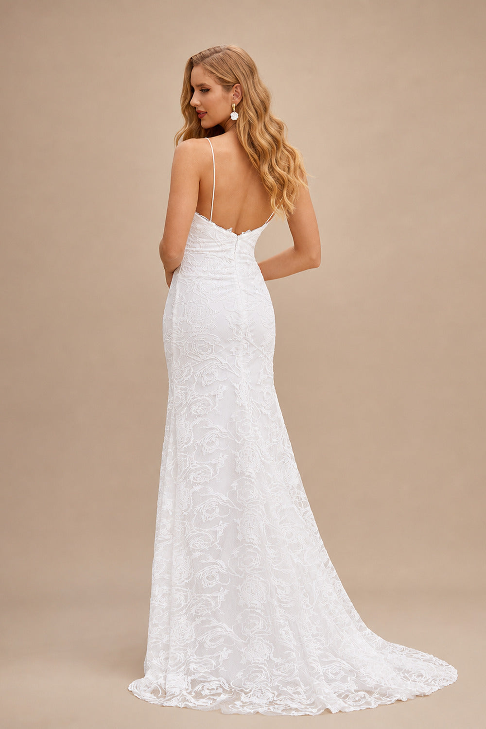 Rutipo Ivory Boho Mermaid V Neck Backless Lace Beach Sweep Train Wedding Dress with Pleats