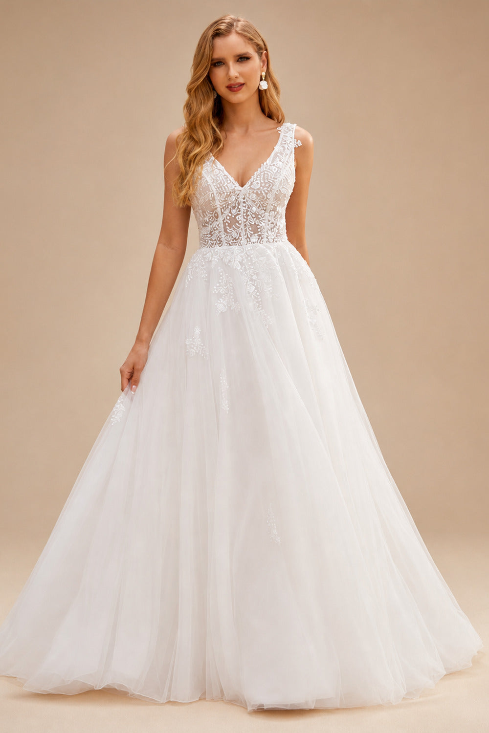 Rutipo Ivory Delicate A-line V Neck Tulle Sweep Train Sheer Corset Wedding Dress with Beaded Lace