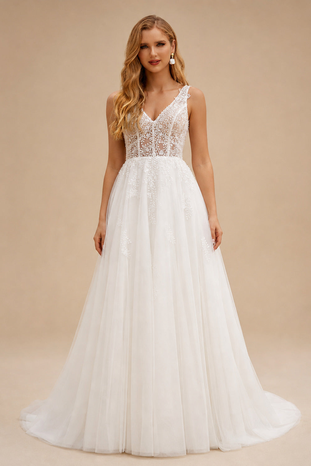 Rutipo Ivory Delicate A-line V Neck Tulle Sweep Train Sheer Corset Wedding Dress with Beaded Lace