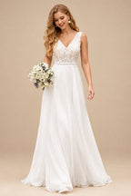 Rutipo Ivory A-line V Neck Chiffon Sweep Train Wedding Dress with Lace