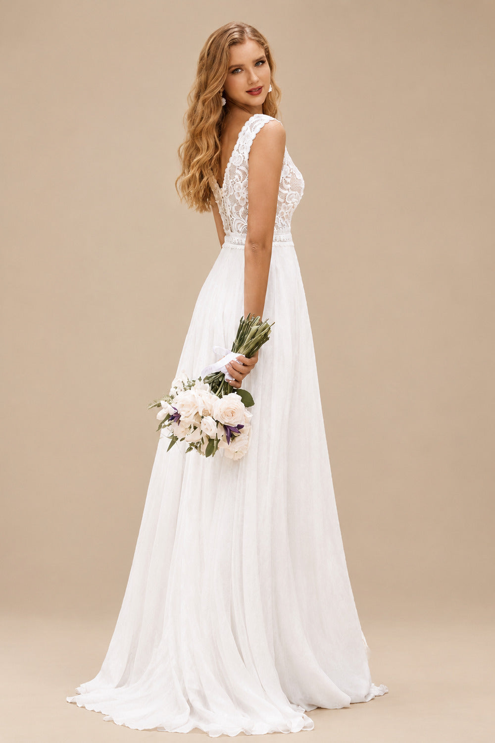 Rutipo Ivory A-line V Neck Chiffon Sweep Train Wedding Dress with Lace
