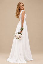 Rutipo Ivory A-line V Neck Chiffon Sweep Train Wedding Dress with Lace