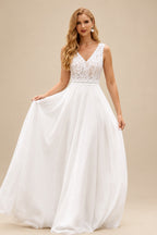 Rutipo Ivory A-line V Neck Chiffon Sweep Train Wedding Dress with Lace