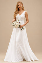 Rutipo Ivory A-line V Neck Chiffon Sweep Train Wedding Dress with Lace
