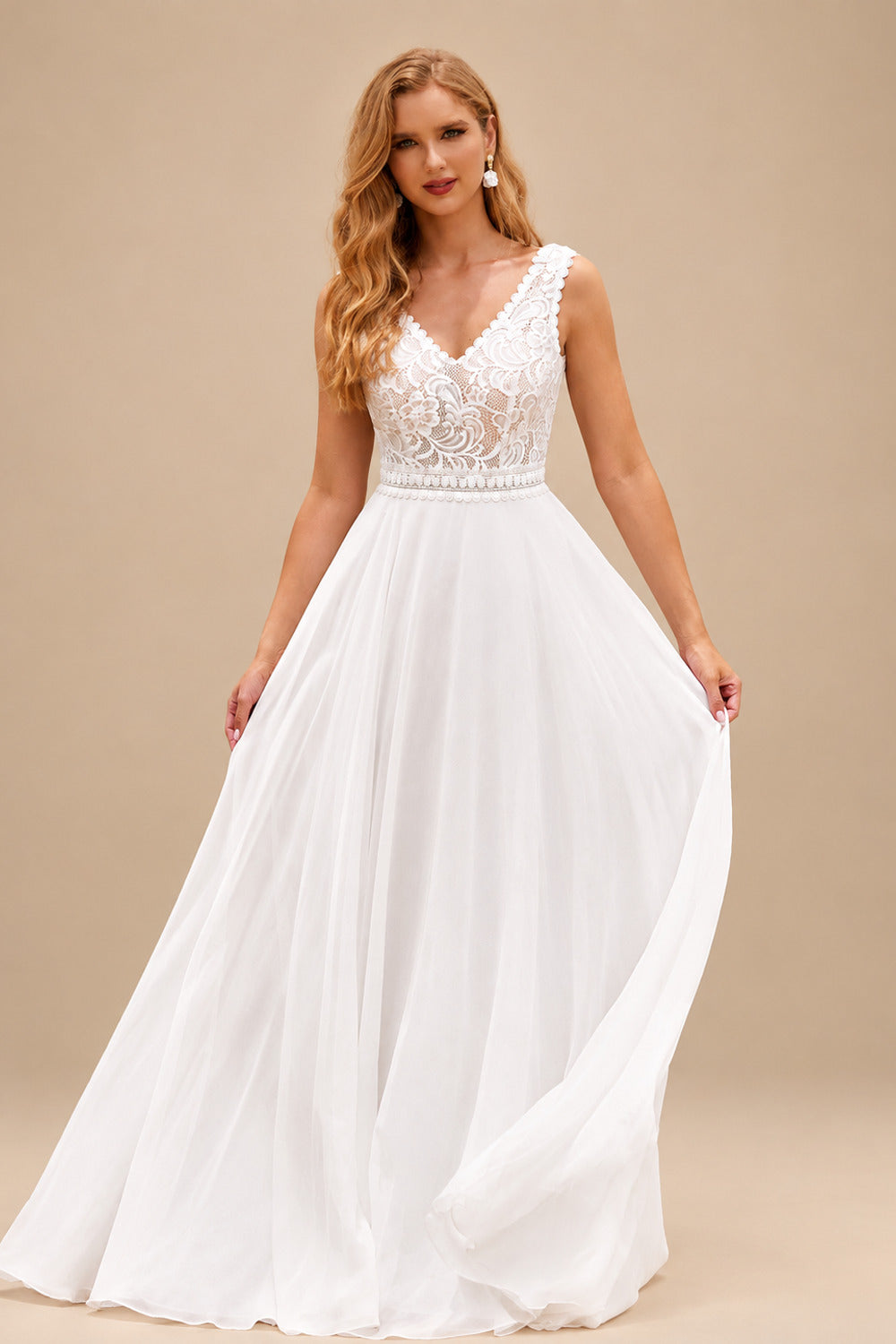 Rutipo Ivory A-line V Neck Chiffon Sweep Train Wedding Dress with Lace