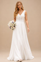 Rutipo Ivory A-line V Neck Chiffon Sweep Train Wedding Dress with Lace