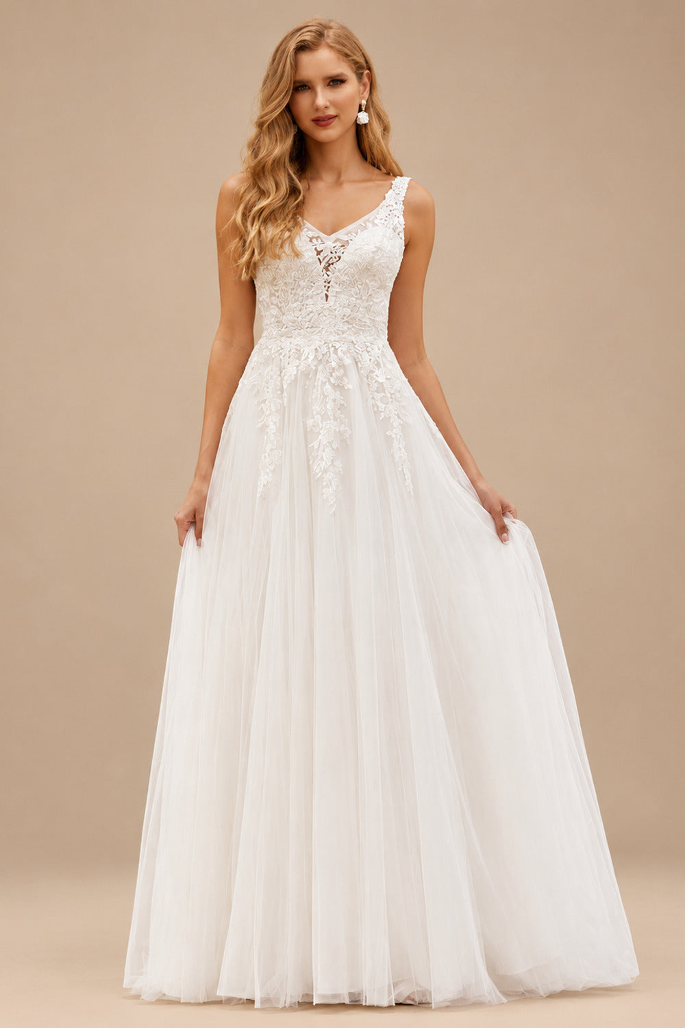 Rutipo Ivory Chic A-Line V-Neck Appliqued Tulle Sweep Train Wedding Dress with Beading