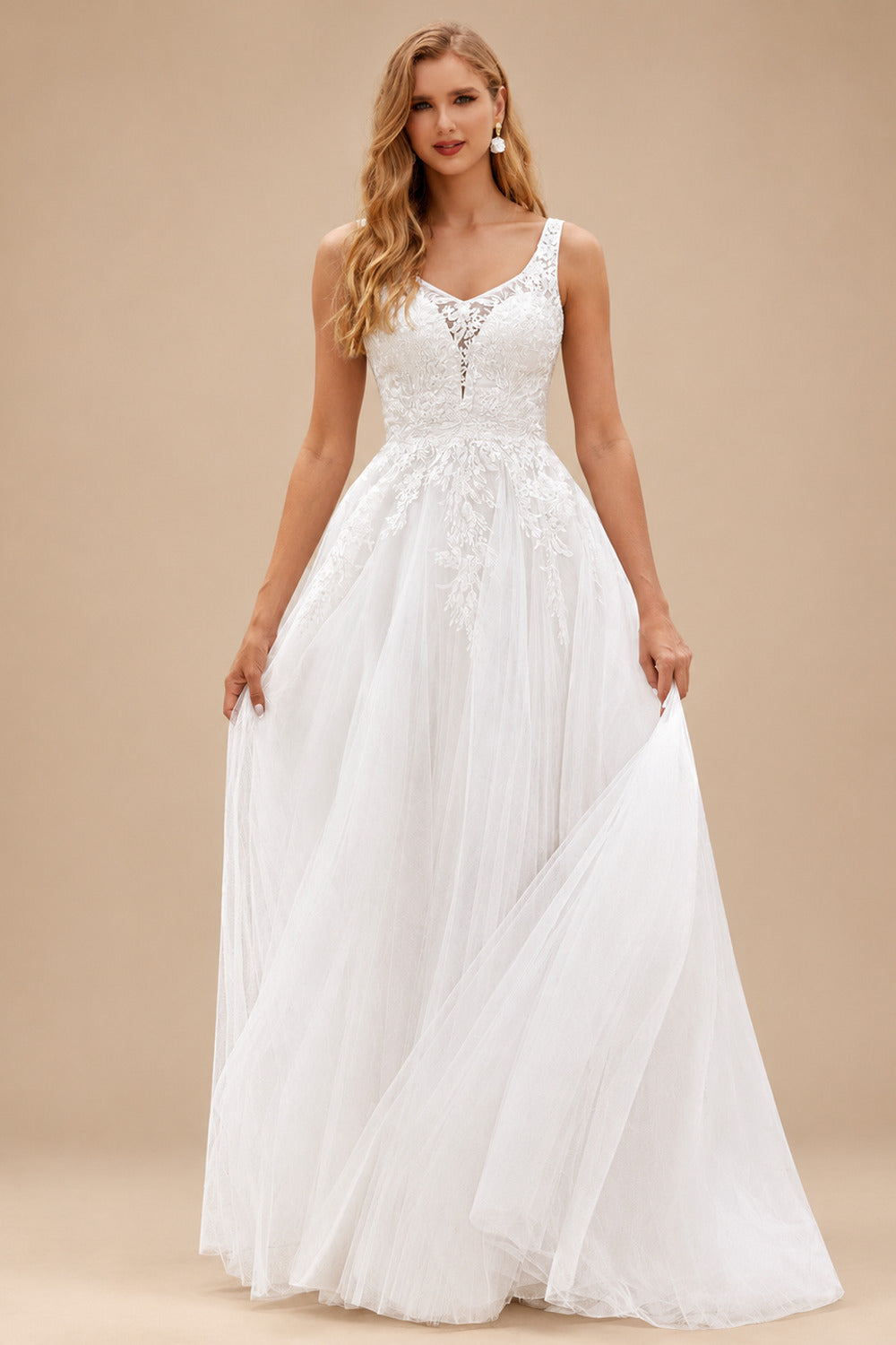 Rutipo Ivory Chic A-Line V-Neck Appliqued Tulle Sweep Train Wedding Dress with Beading