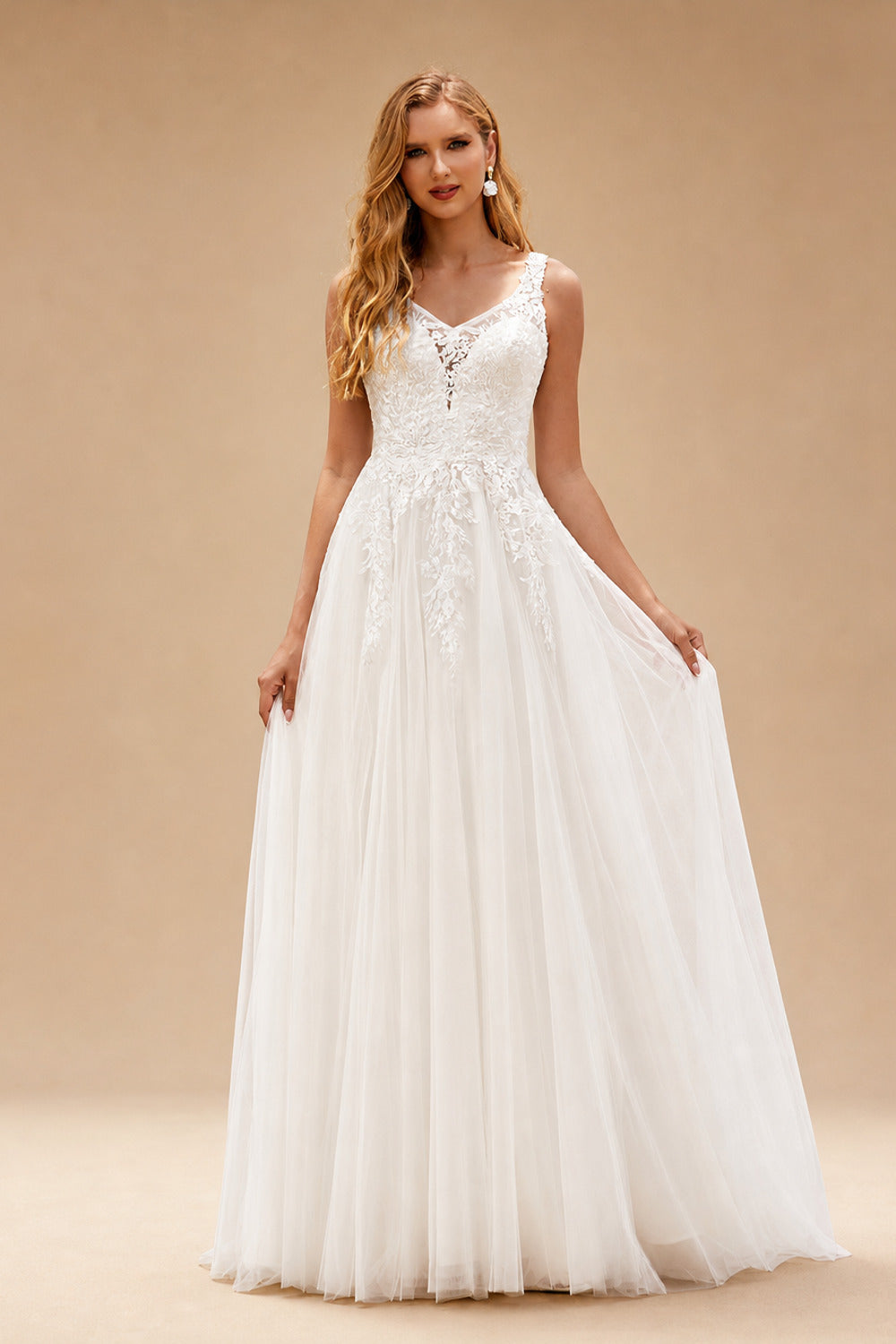 Rutipo Ivory Chic A-Line V-Neck Appliqued Tulle Sweep Train Wedding Dress with Beading