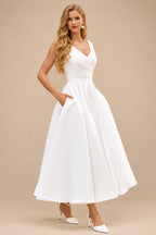 Rutipo Ivory Classic A-Line V-Neck Tea-Length Wedding Dress with Pockets