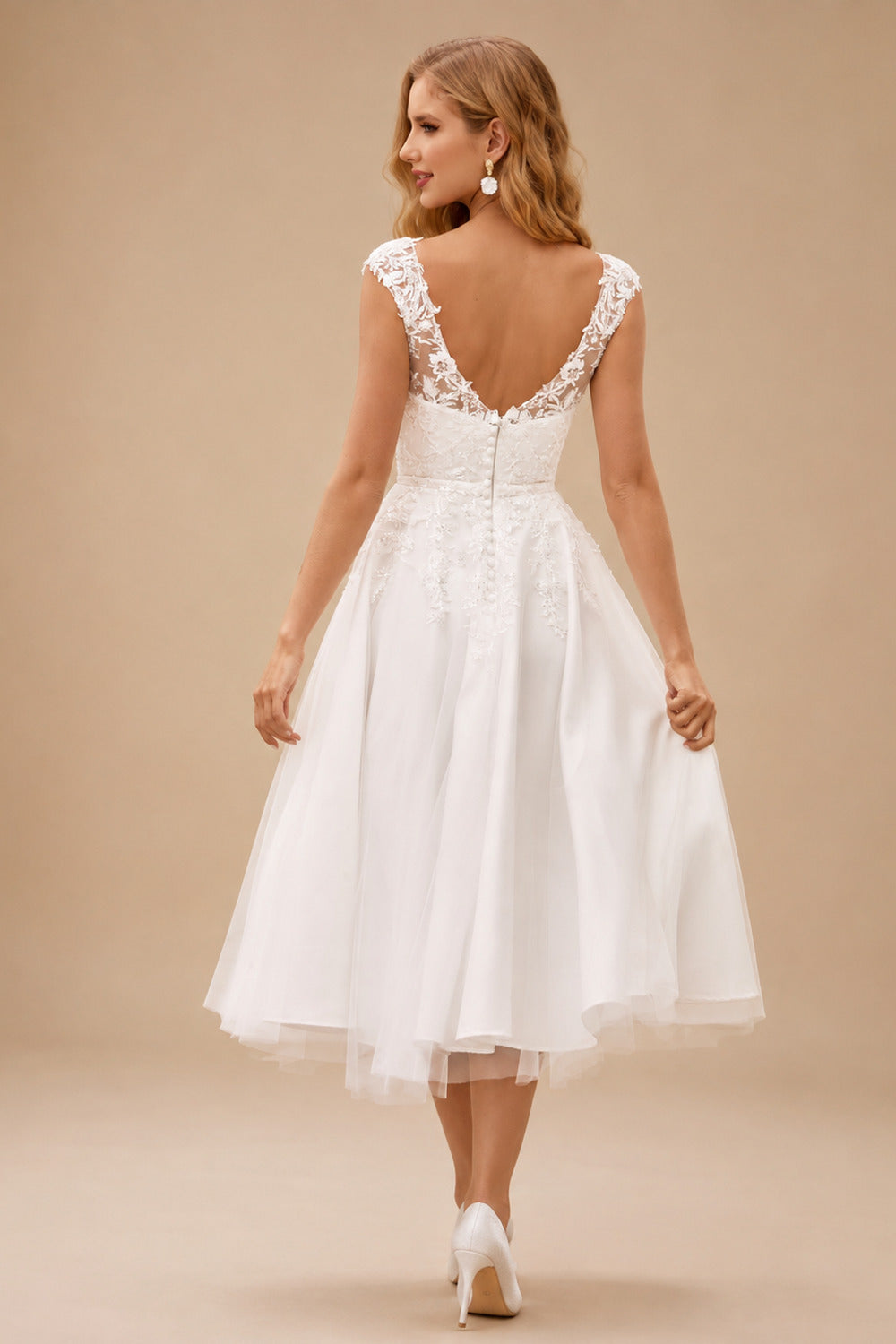 Rutipo Ivory Charming A-line Illusion Neck Tea Length Wedding Dress with Lace Sequins Waistband