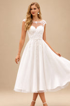 Rutipo Ivory Charming A-line Illusion Neck Tea Length Wedding Dress with Lace Sequins Waistband