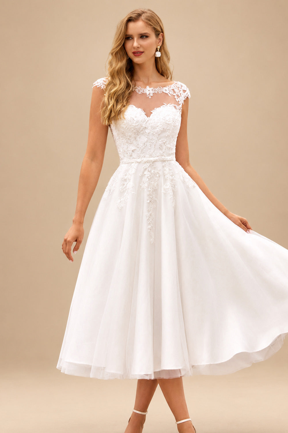Rutipo Ivory Charming A-line Illusion Neck Tea Length Wedding Dress with Lace Sequins Waistband