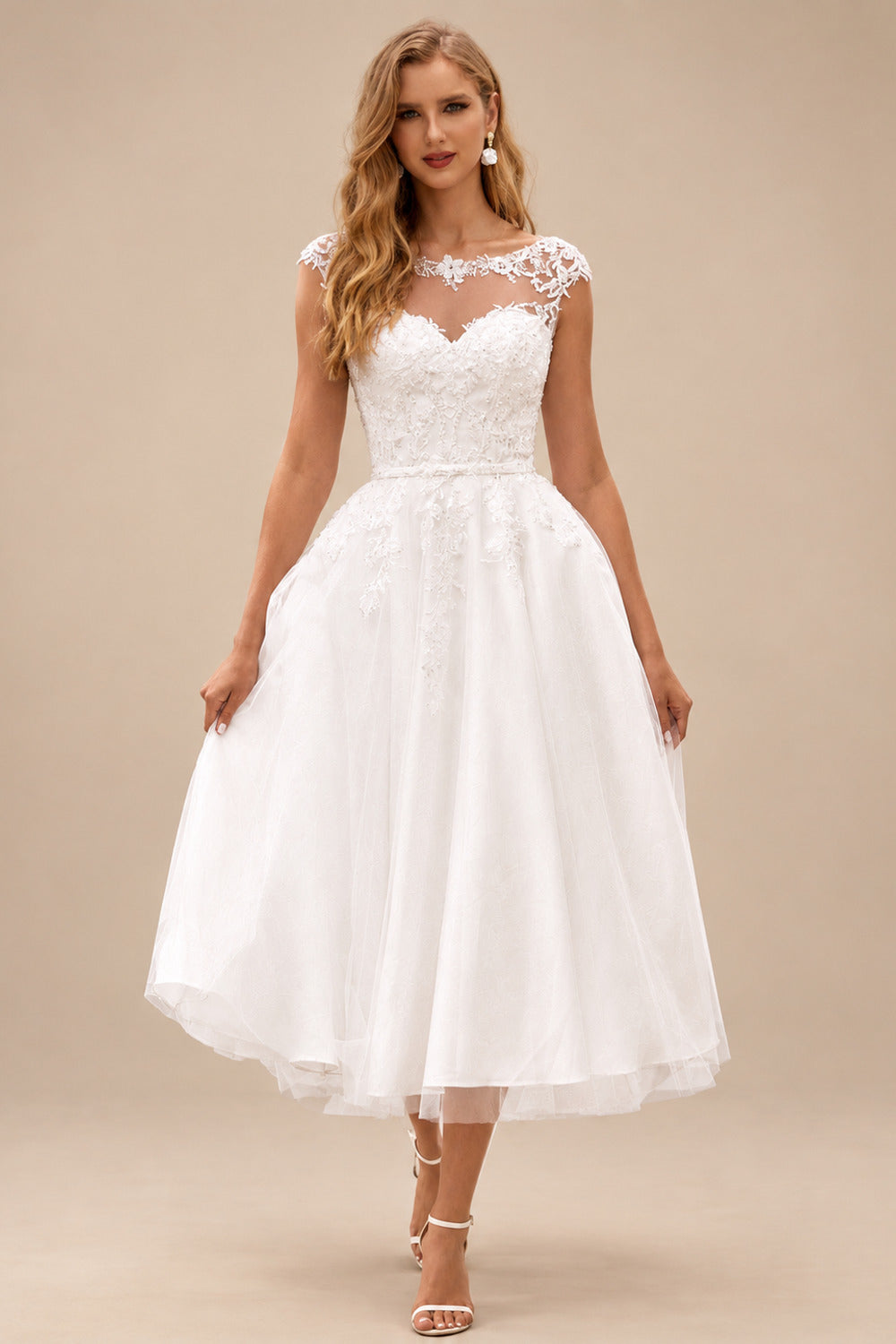Rutipo Ivory Charming A-line Illusion Neck Tea Length Wedding Dress with Lace Sequins Waistband