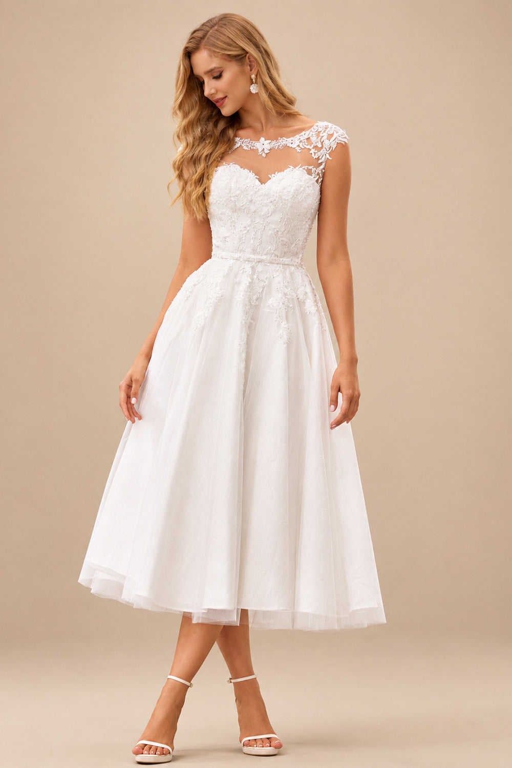 Rutipo Ivory Charming A-line Illusion Neck Tea Length Wedding Dress with Lace Sequins Waistband