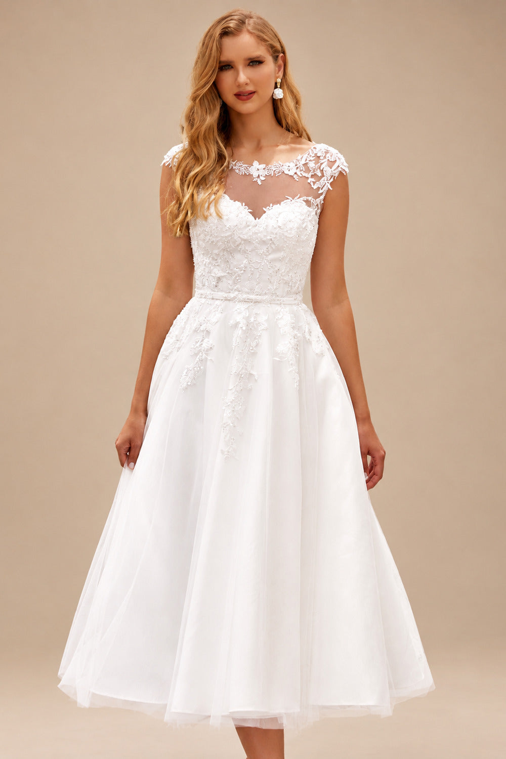 Rutipo Ivory Charming A-line Illusion Neck Tea Length Wedding Dress with Lace Sequins Waistband